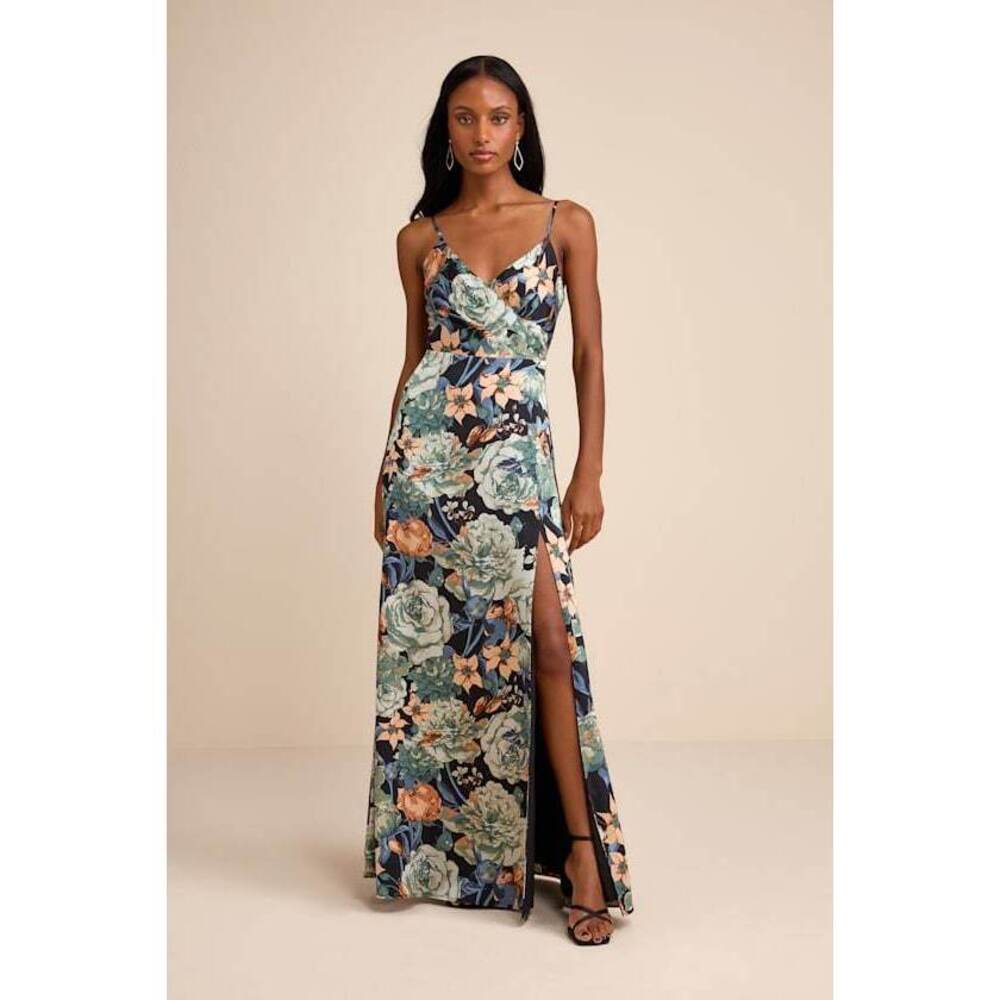Lulus Radiant Occasion Black Multi Floral Satin A-line Maxi Dress - Size M